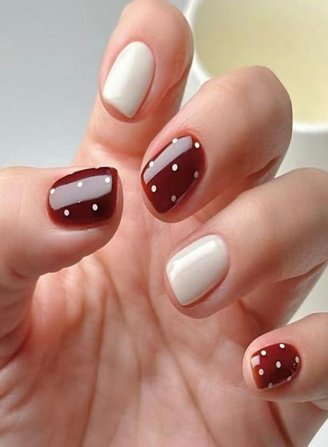 OSTTMA 24Pcs Polka Dot Press on Nails Short Square Fake Nails Brown＆White Acrylic Nail Glossy Cute Polka Dots Nails Press ons Full Cover Reusable Glue on Nail for Women DIY Manicure Accessories - Image 1